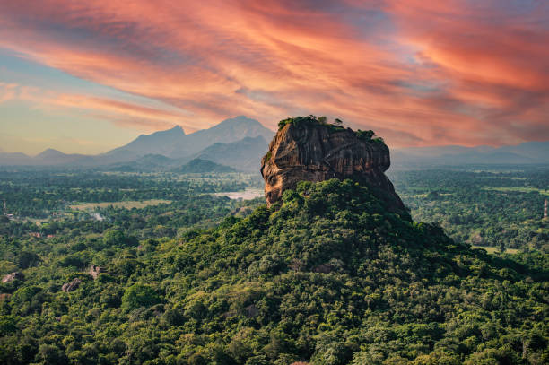 Spectacular view of the Lion rock surrounded by green rich vegetation. Picture taken from Pidurangala Rock in Sigiriya, Sri Lanka.