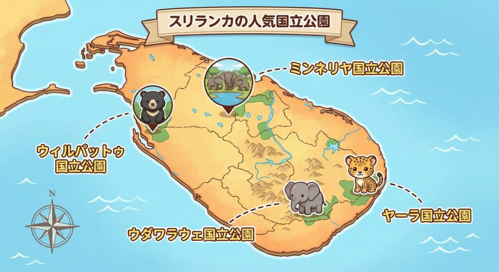スリランカの人気の4つの国立公園(ヤーラ、ウダワラウェ、ウィルパットゥ、ミンネリヤ)