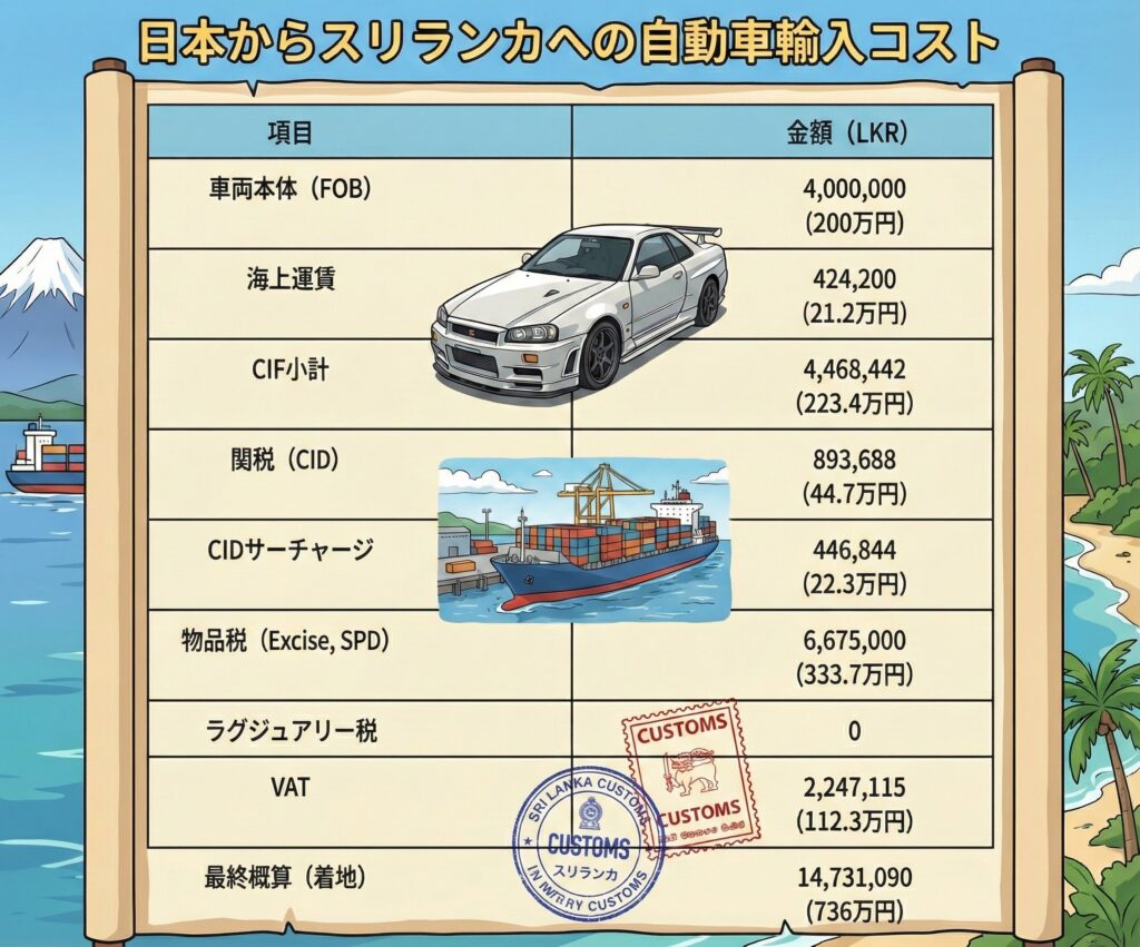 日本で200万円の車がスリランカで輸入されて販売される時の価格は736万円