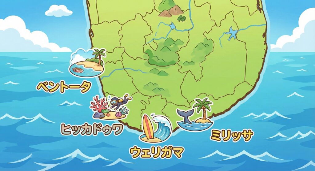 ヒッカドゥワ、ベントータ、ミリッサ、ウェリガマの4つのビーチの場所
